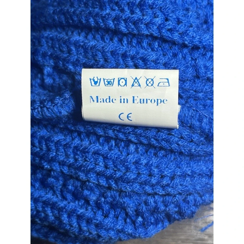 Zurich Beanie Bobble‎ Hat Blue Chunky Knit Made In Europe Wool Acrylic Blend